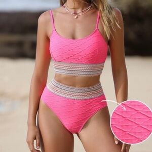 Pink Geo-Stitch Scoop Bralette & High Waist Bikini Set